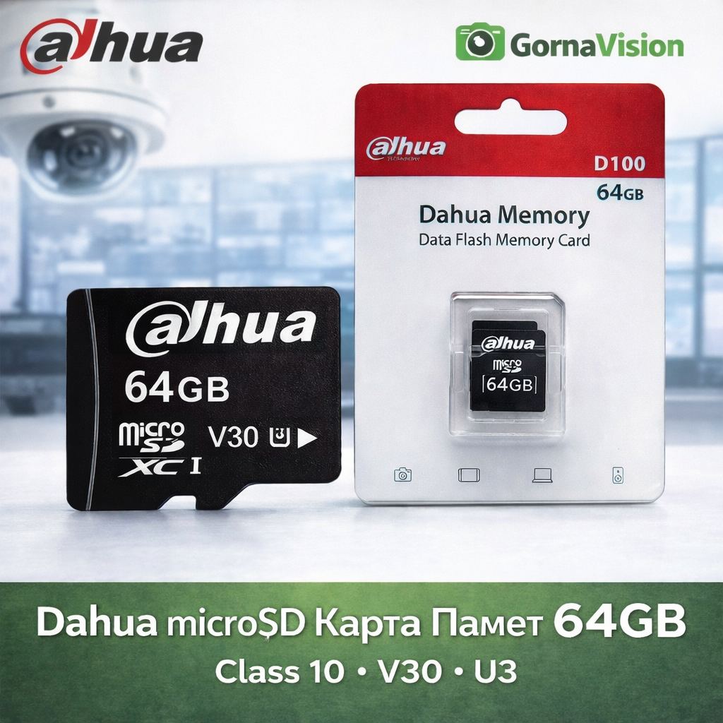 Dahua microSD 64GB V30 U3 Class 10 – Карта Памет за Камери